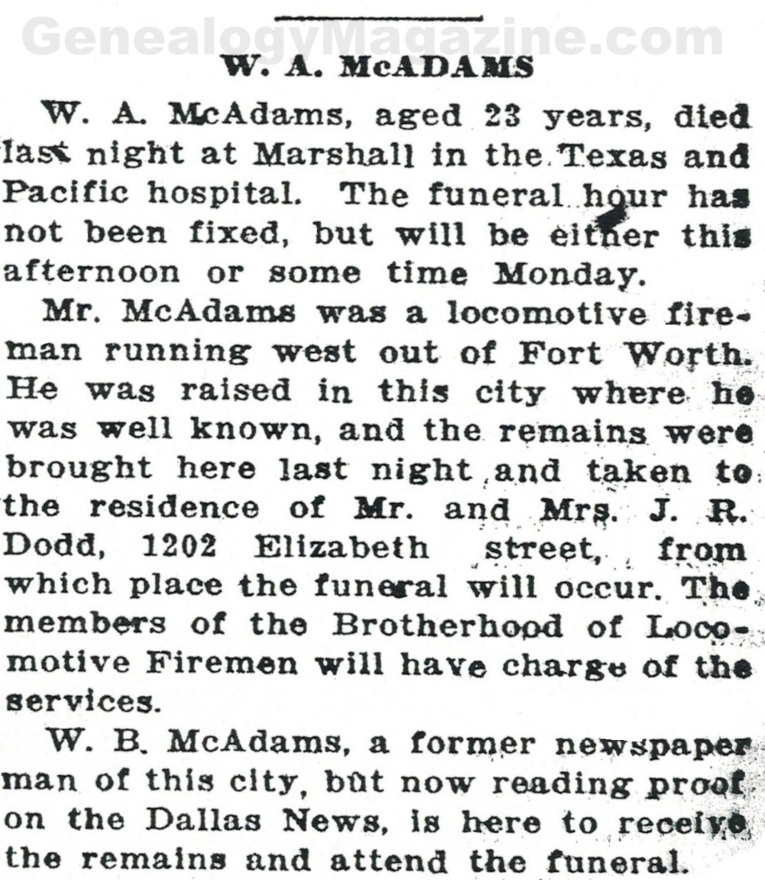 W. A. McAdams obituary